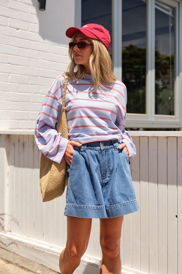 Beau Long Sleeve Slouchy Tee - China Blue/Vintage Red Double Stripe