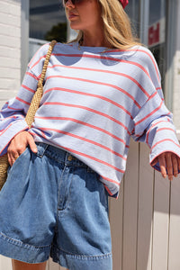 Beau Long Sleeve Slouchy Tee - China Blue/Vintage Red Double Stripe