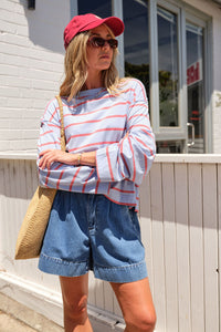Beau Long Sleeve Slouchy Tee - China Blue/Vintage Red Double Stripe