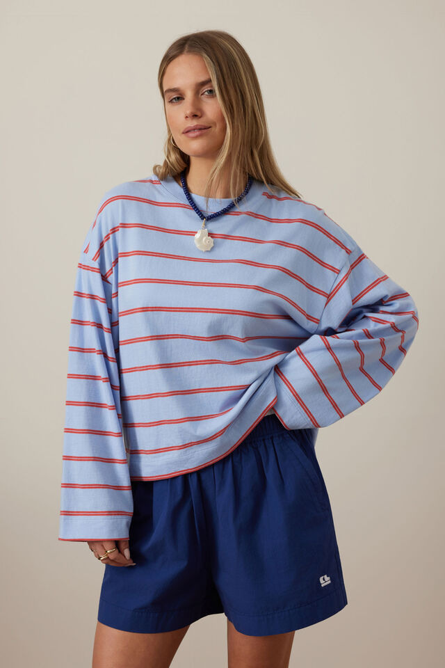 Beau Long Sleeve Slouchy Tee - China Blue/Vintage Red Double Stripe