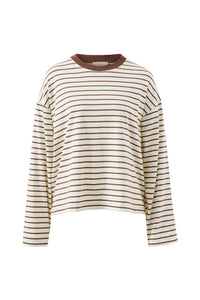 Beau Long Sleeve Slouchy Tee - Milk/Brunette Brown Stripe