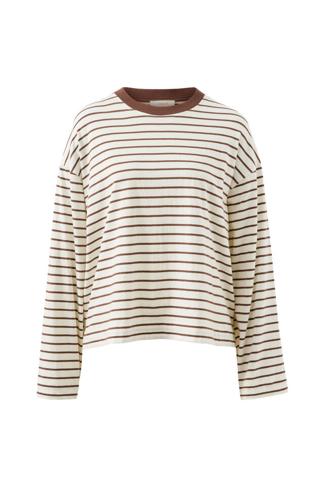 Beau Long Sleeve Slouchy Tee - Milk/Brunette Brown Stripe