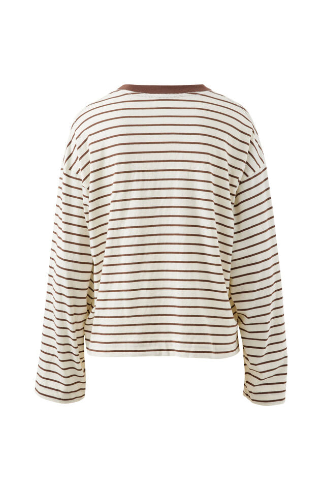 Beau Long Sleeve Slouchy Tee - Milk/Brunette Brown Stripe