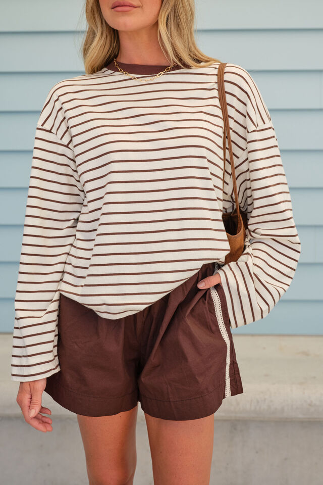 Beau Long Sleeve Slouchy Tee - Milk/Brunette Brown Stripe