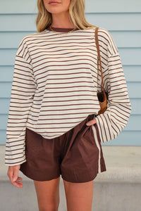 Beau Long Sleeve Slouchy Tee - Milk/Brunette Brown Stripe