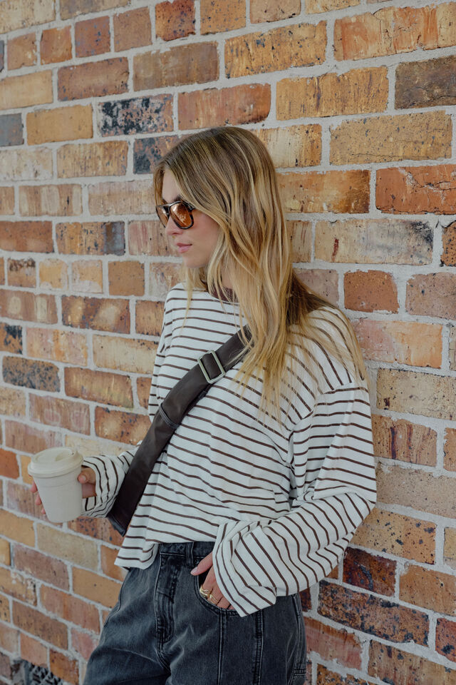 Beau Long Sleeve Slouchy Tee - Milk/Brunette Brown Stripe