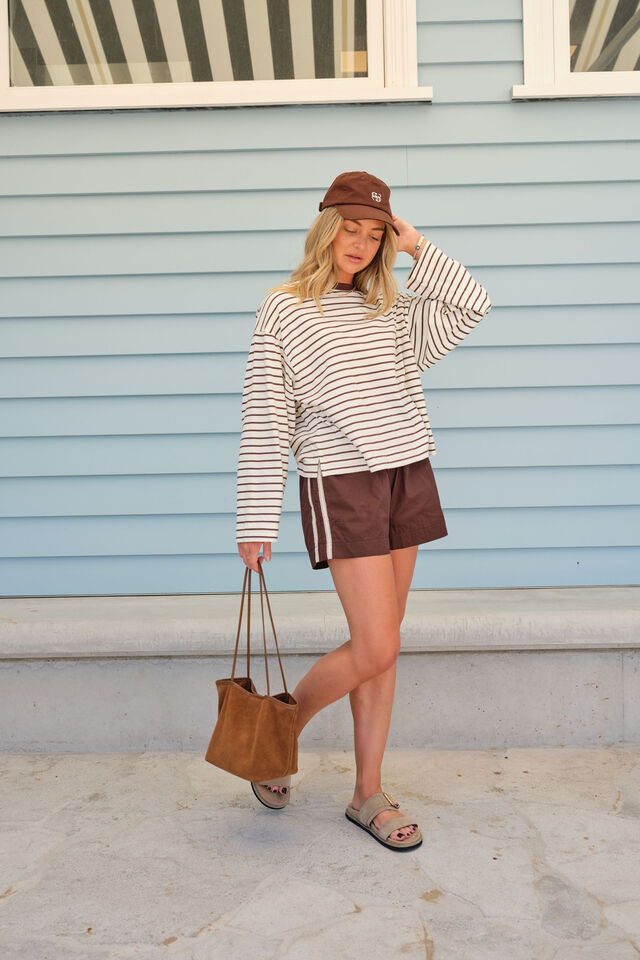 Beau Long Sleeve Slouchy Tee - Milk/Brunette Brown Stripe