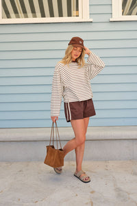 Beau Long Sleeve Slouchy Tee - Milk/Brunette Brown Stripe