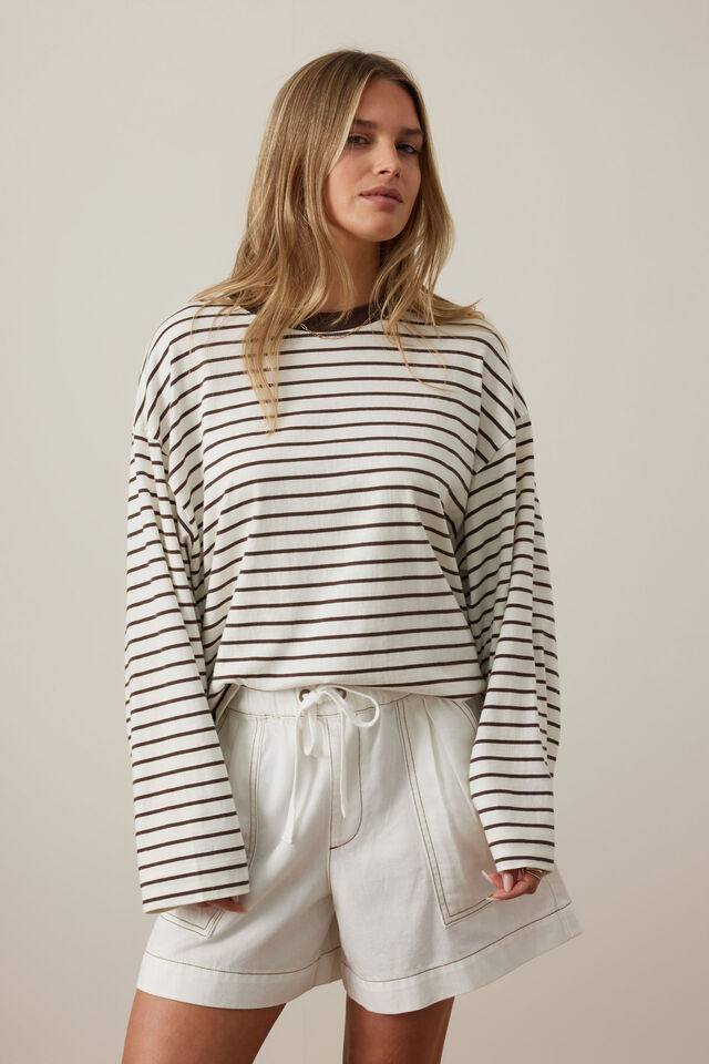 Beau Long Sleeve Slouchy Tee - Milk/Brunette Brown Stripe