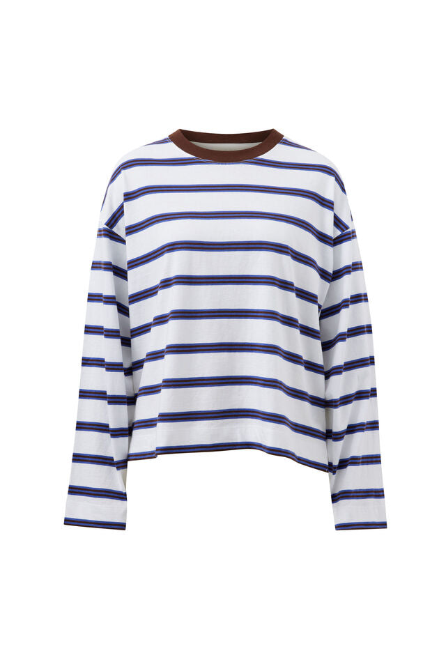 Beau Long Sleeve Slouchy Tee - White/Polo Choc Stripe