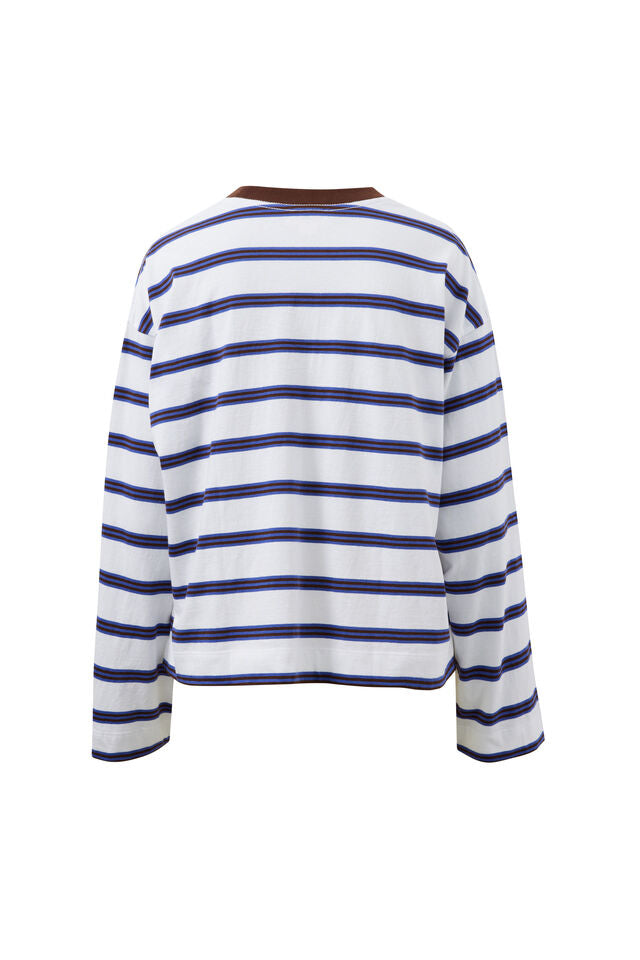Beau Long Sleeve Slouchy Tee - White/Polo Choc Stripe