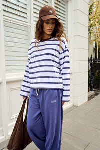 Beau Long Sleeve Slouchy Tee - White/Polo Choc Stripe