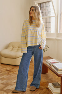 Beau Long Sleeve Slouchy Tee - Butter/China Blue Stripe