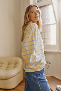 Beau Long Sleeve Slouchy Tee - Butter/China Blue Stripe