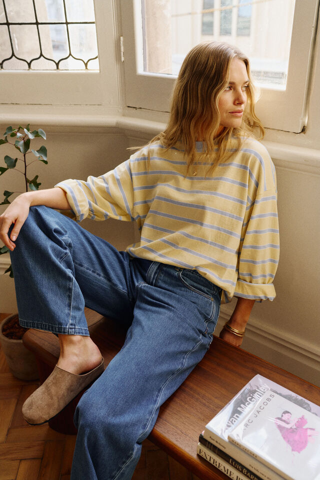 Beau Long Sleeve Slouchy Tee - Butter/China Blue Stripe