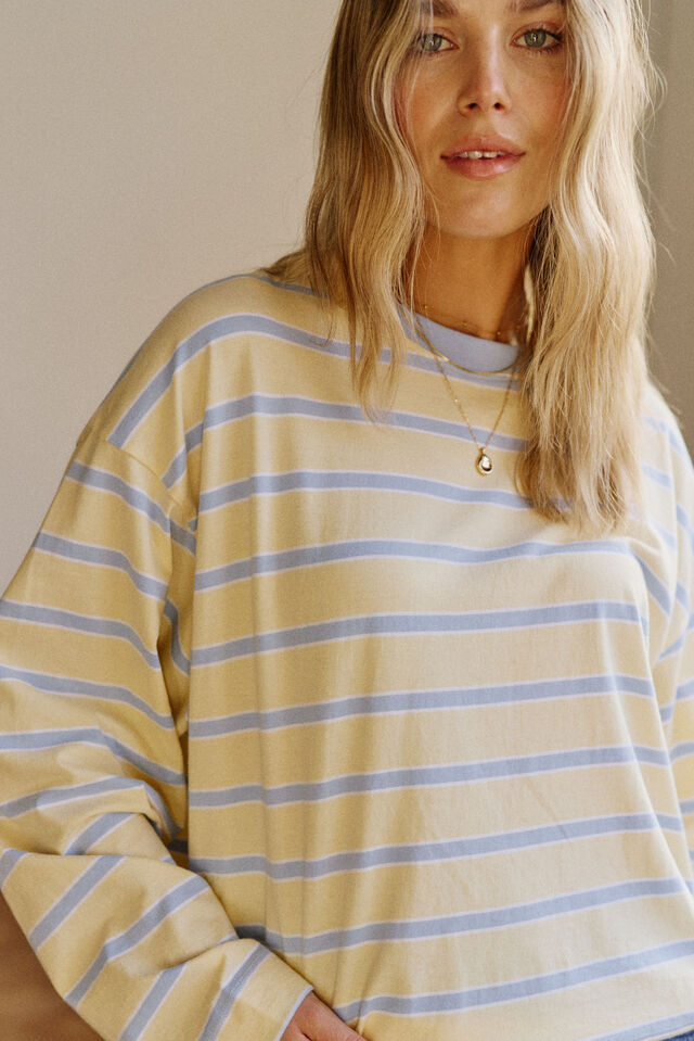 Beau Long Sleeve Slouchy Tee - Butter/China Blue Stripe