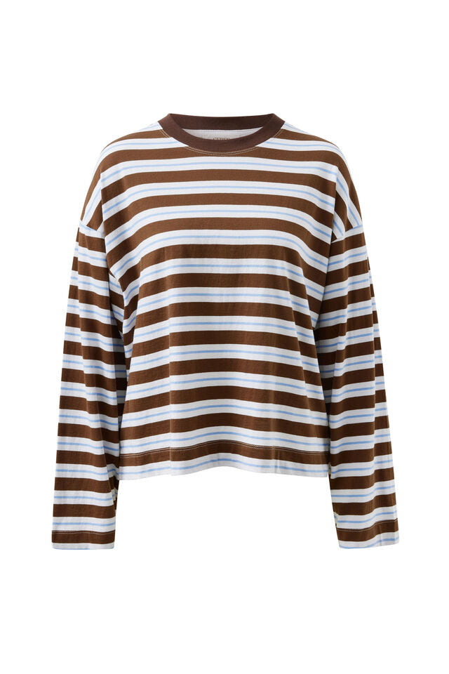 Beau Long Sleeve Slouchy Tee - Cocoa Sky Blue Stripe