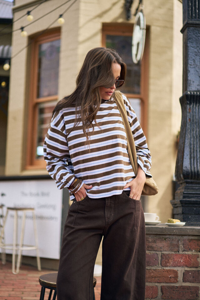 Beau Long Sleeve Slouchy Tee - Cocoa Sky Blue Stripe