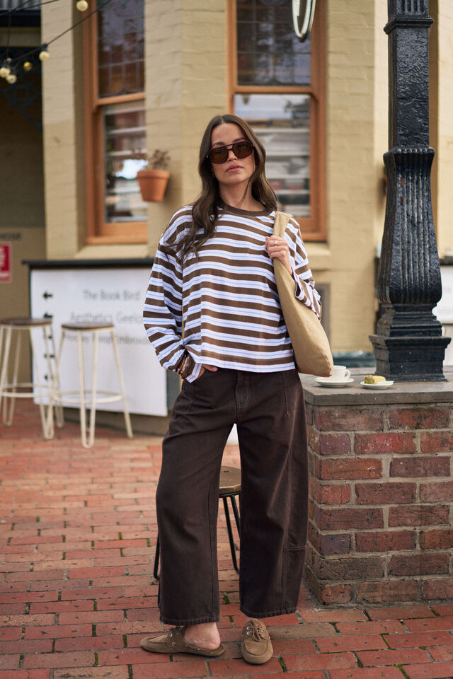 Beau Long Sleeve Slouchy Tee - Cocoa Sky Blue Stripe