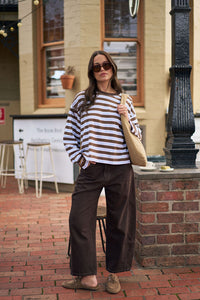Beau Long Sleeve Slouchy Tee - Cocoa Sky Blue Stripe