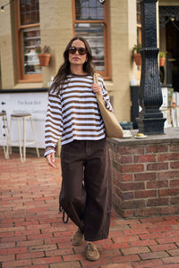 Beau Long Sleeve Slouchy Tee - Cocoa Sky Blue Stripe