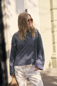 Beau Long Sleeve Slouchy Tee - Heritage Navy/Marshmallow Stripe