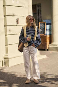 Beau Long Sleeve Slouchy Tee - Heritage Navy/Marshmallow Stripe