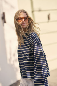 Beau Long Sleeve Slouchy Tee - Heritage Navy/Marshmallow Stripe