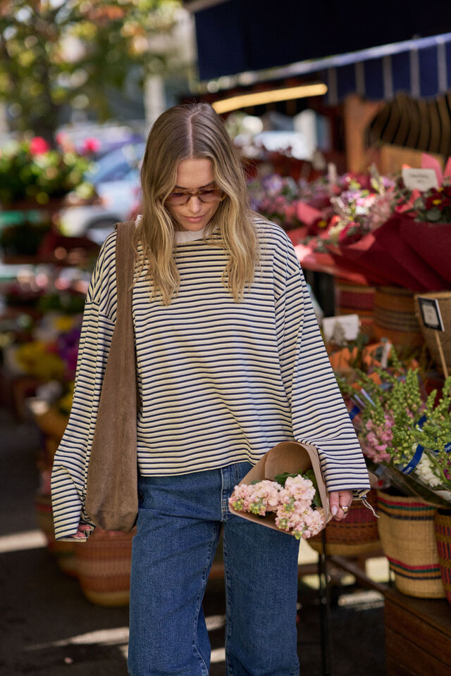 Beau Long Sleeve Slouchy Tee - Heritage Navy/Butter/Stone Stripe