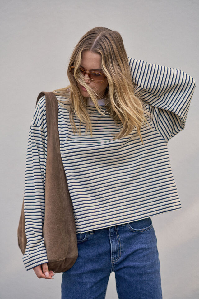 Beau Long Sleeve Slouchy Tee - Heritage Navy/Butter/Stone Stripe