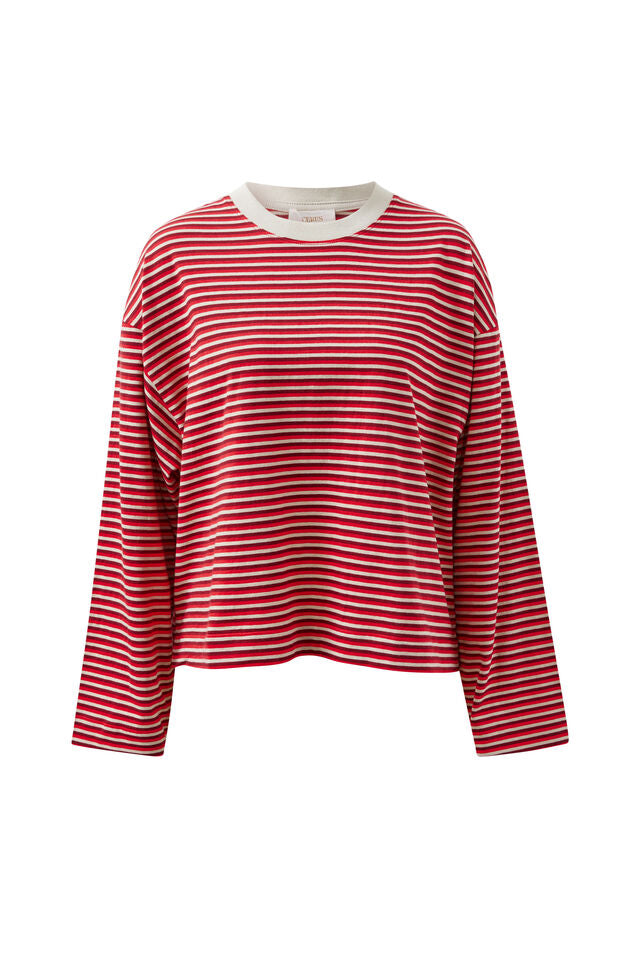 Beau Long Sleeve Slouchy Tee - Mulberry/Red/Stone Stripe