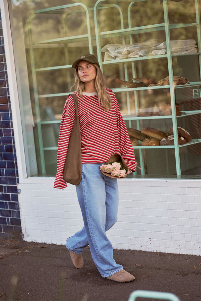 Beau Long Sleeve Slouchy Tee - Mulberry/Red/Stone Stripe