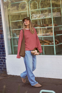 Beau Long Sleeve Slouchy Tee - Mulberry/Red/Stone Stripe