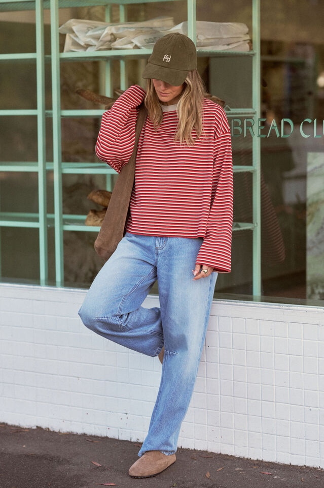 Beau Long Sleeve Slouchy Tee - Mulberry/Red/Stone Stripe