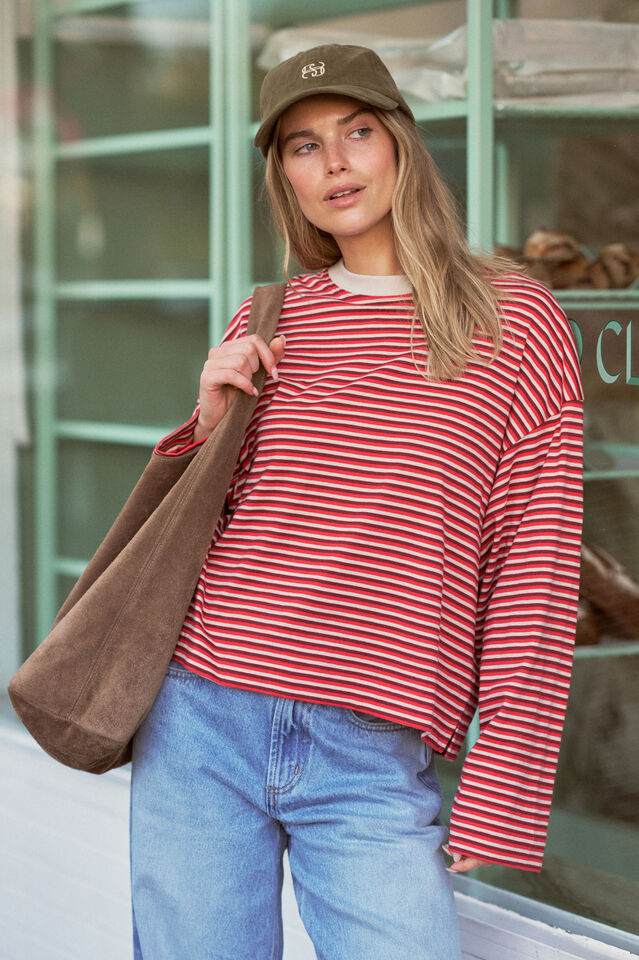 Beau Long Sleeve Slouchy Tee - Mulberry/Red/Stone Stripe