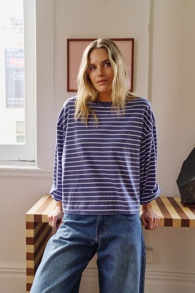 Beau Long Sleeve Slouchy Tee - Polo Blue/White Stripe
