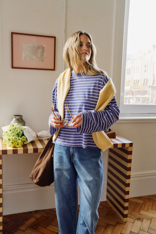 Beau Long Sleeve Slouchy Tee - Polo Blue/White Stripe