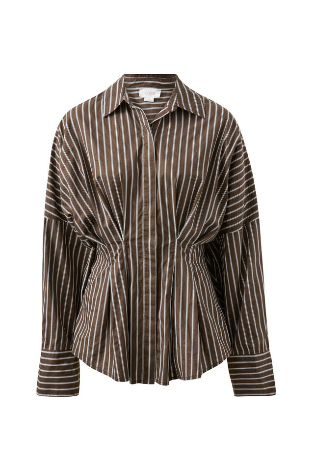 Ella Pleat Shirt - Chocolate Stripe