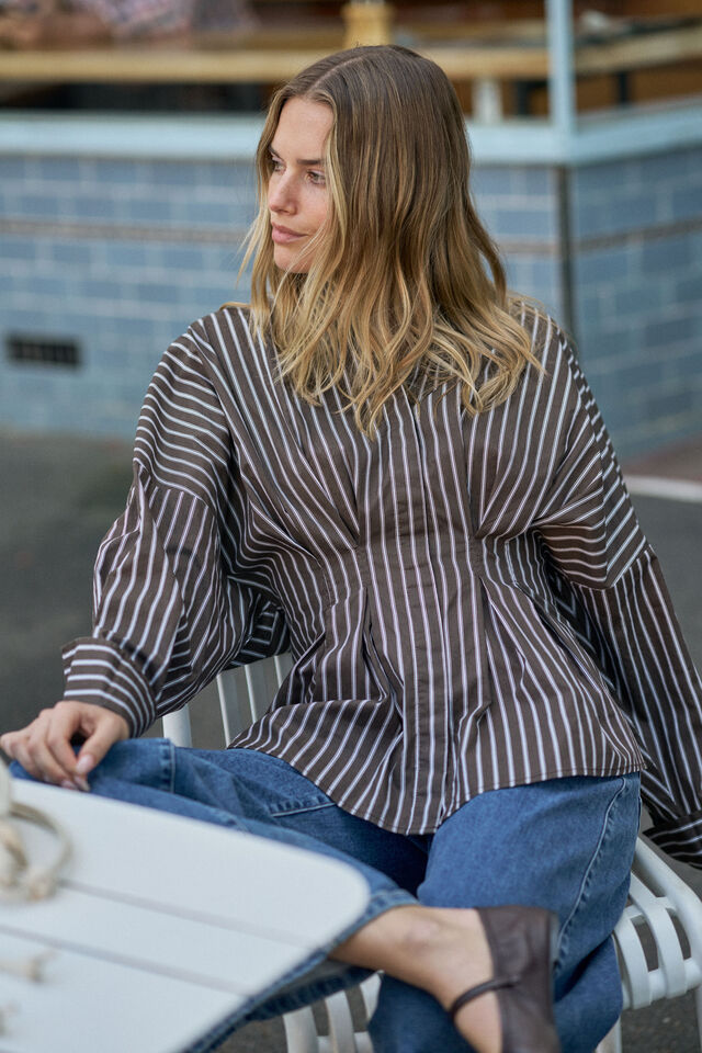 Ella Pleat Shirt - Chocolate Stripe