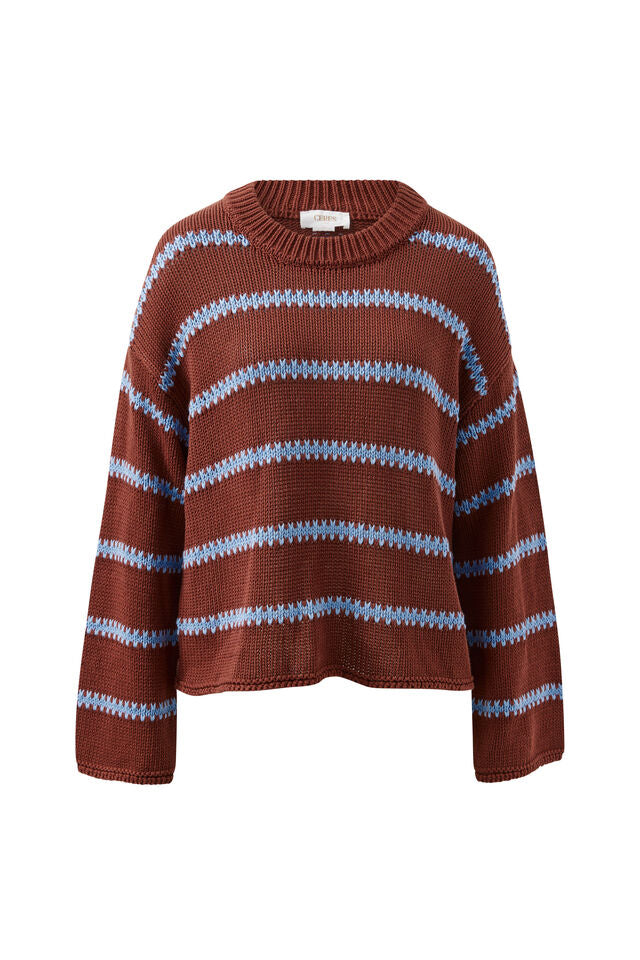 Lila Oversized Knit Crew - Burnt Toffee Stripe