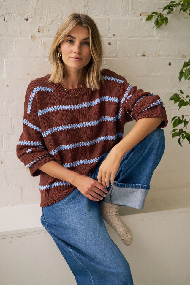 Lila Oversized Knit Crew - Burnt Toffee Stripe