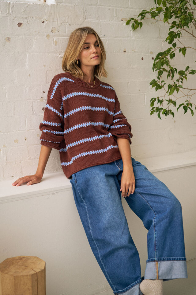 Lila Oversized Knit Crew - Burnt Toffee Stripe