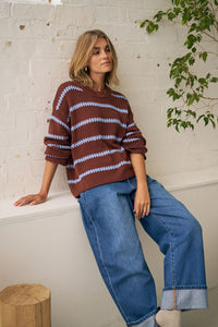 Lila Oversized Knit Crew - Burnt Toffee Stripe