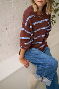 Lila Oversized Knit Crew - Burnt Toffee Stripe