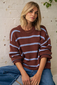 Lila Oversized Knit Crew - Burnt Toffee Stripe