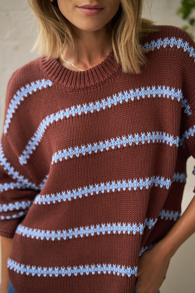 Lila Oversized Knit Crew - Burnt Toffee Stripe