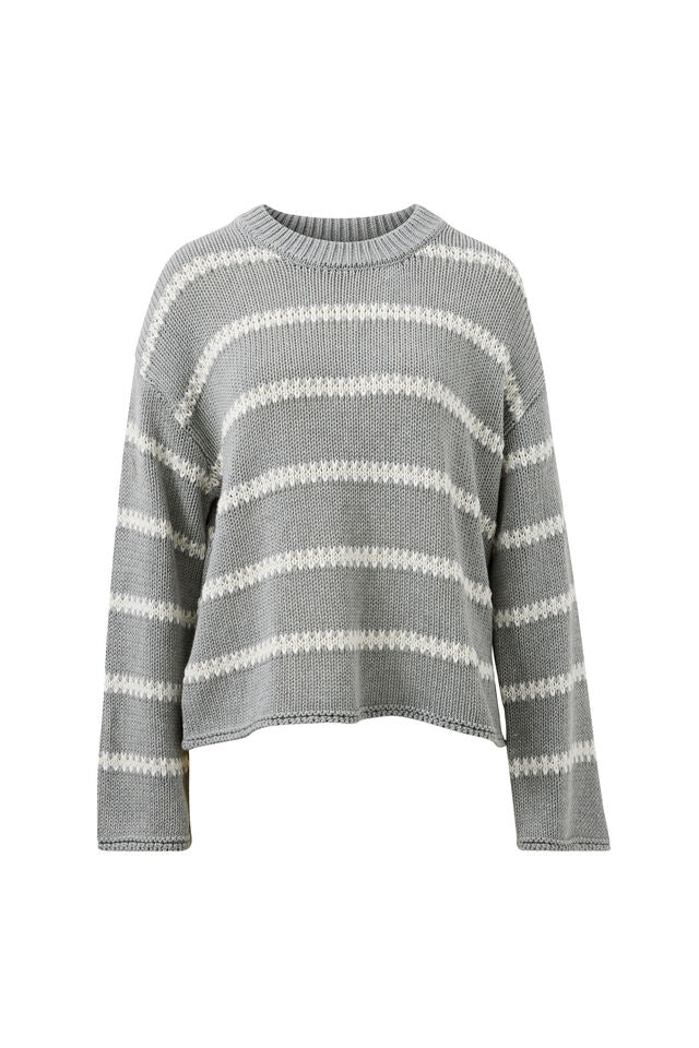 Lila Oversized Knit Crew - Grey Marle Stripe