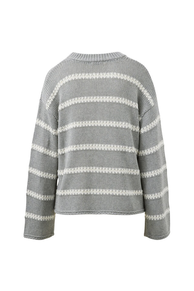 Lila Oversized Knit Crew - Grey Marle Stripe