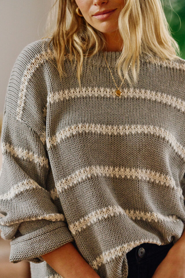 Lila Oversized Knit Crew - Grey Marle Stripe