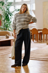 Lila Oversized Knit Crew - Grey Marle Stripe
